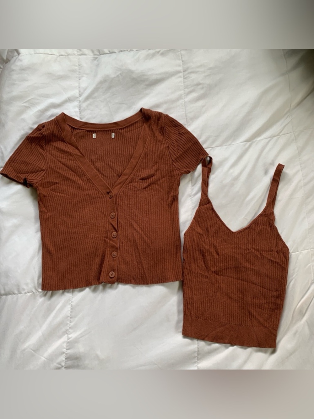 Abercrombie & Fitch Ribbed Button Cardigan & Tank Set - Rust Orange